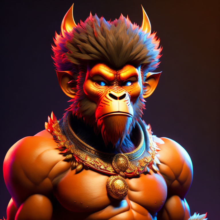 Muscular monkey with red eyes and horns in ornate collar on gradient background