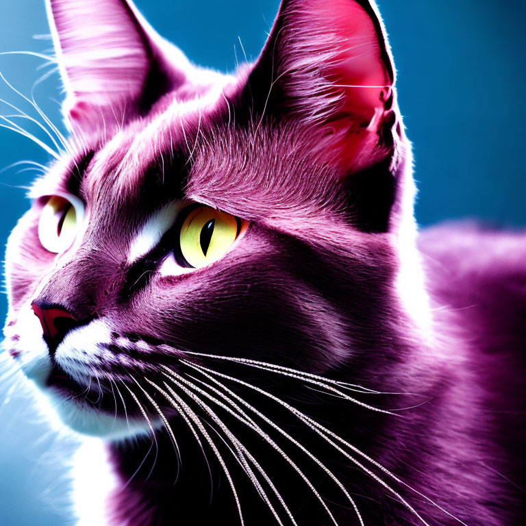 Purple-Tinted Cat with Yellow Eyes on Blue Background