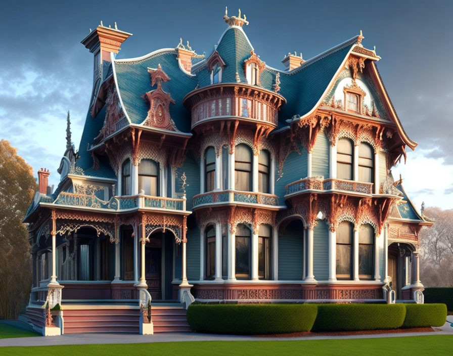 Victorian-style house with intricate woodwork and towers at dusk