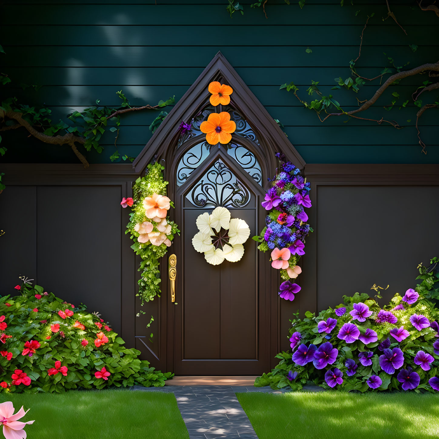 Ornate wooden door with colorful flowers and vibrant flower beds on blue house backdrop