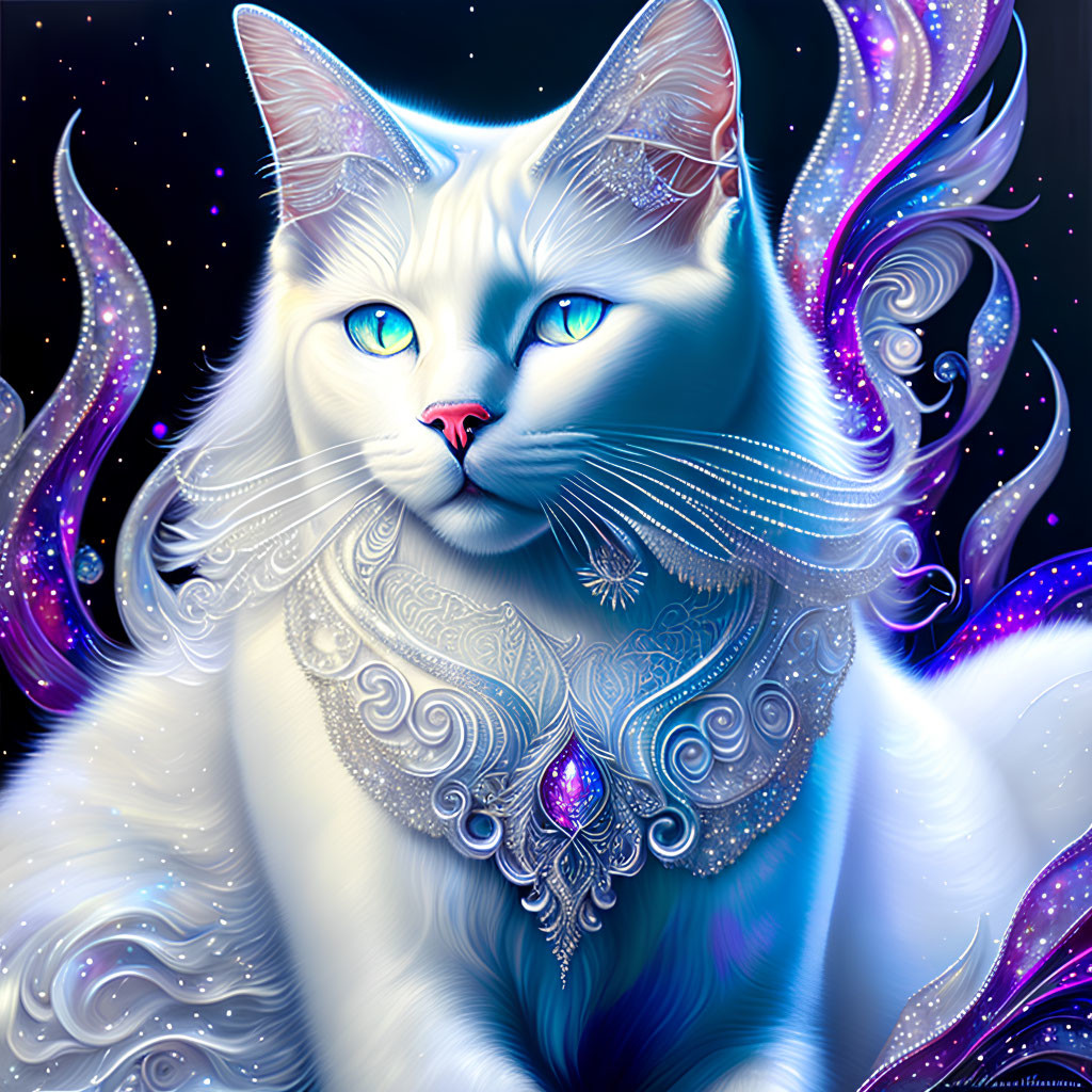 Majestic white cat with blue eyes in silver jewelry, set against swirling purple patterns on starry