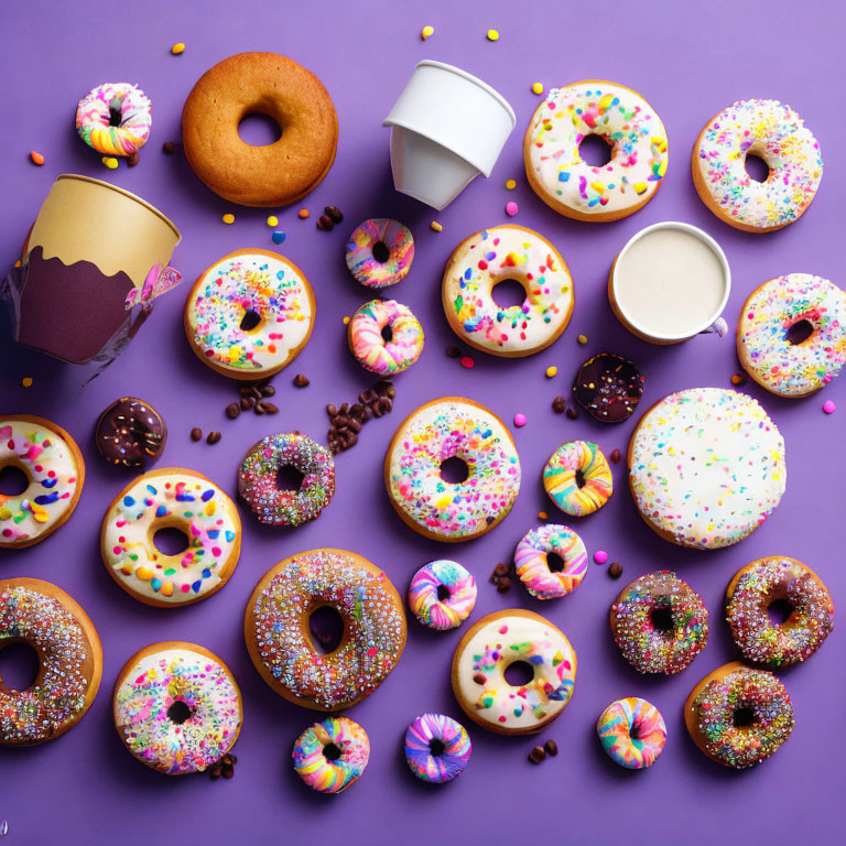 Colorful Sprinkle Donuts, Milk, Coffee Beans, and Cup on Purple Background