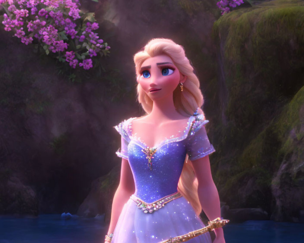 Sparkling blue gown princess with golden scepter by river and pink flowers