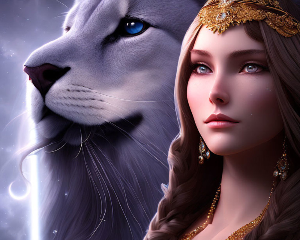 Mystical illustration of a woman with braided hair and majestic white lion adorned in gold.