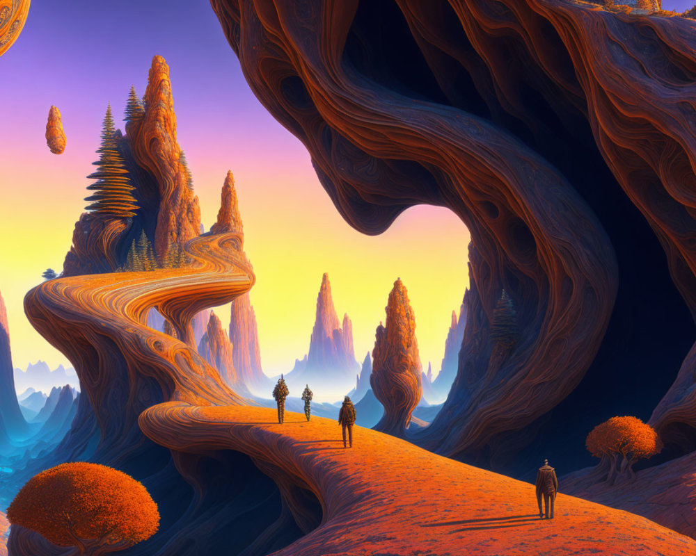 Vibrant surreal landscape with towering rock formations and silhouetted figures