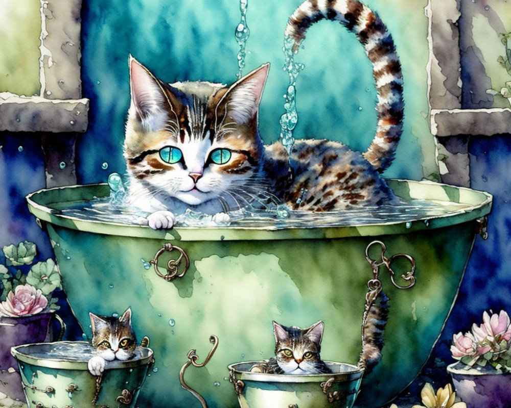 Whimsical watercolor illustration of three playful cats in antique bathtub