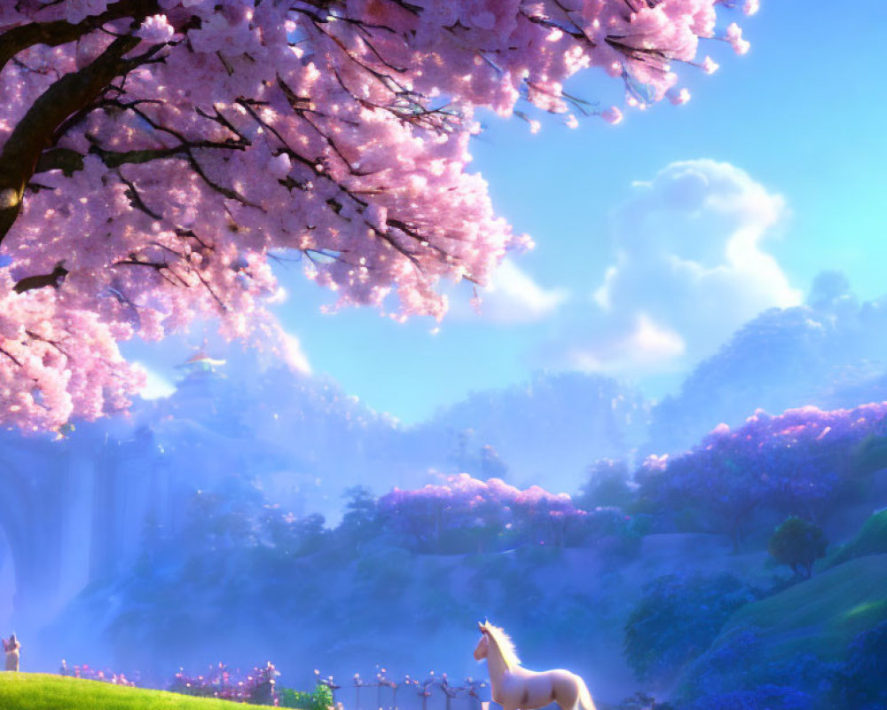 Serene unicorn under cherry blossoms in lush valley