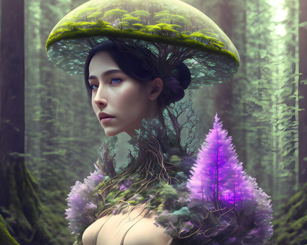 Fantasy portrait of female with mushroom headpiece, mossy textures, and glowing purple tree.