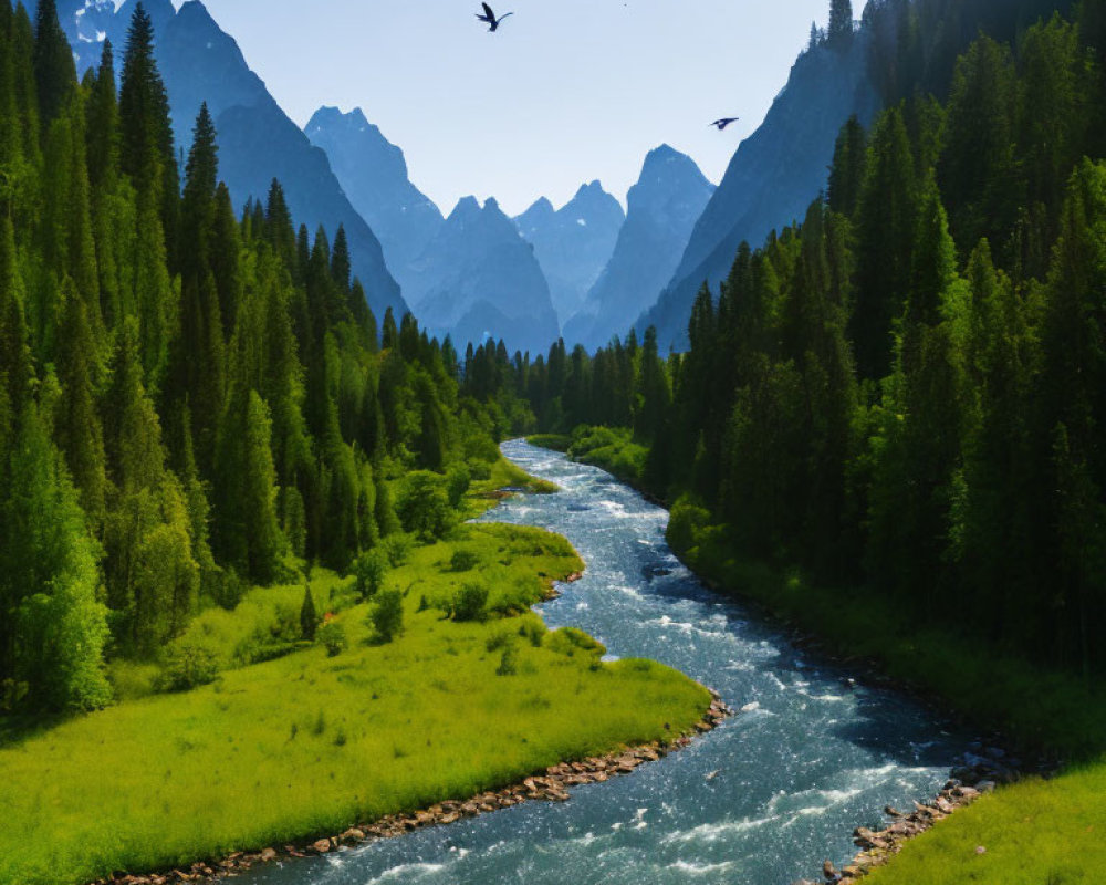 Scenic river valley with birds and mountains in clear sky