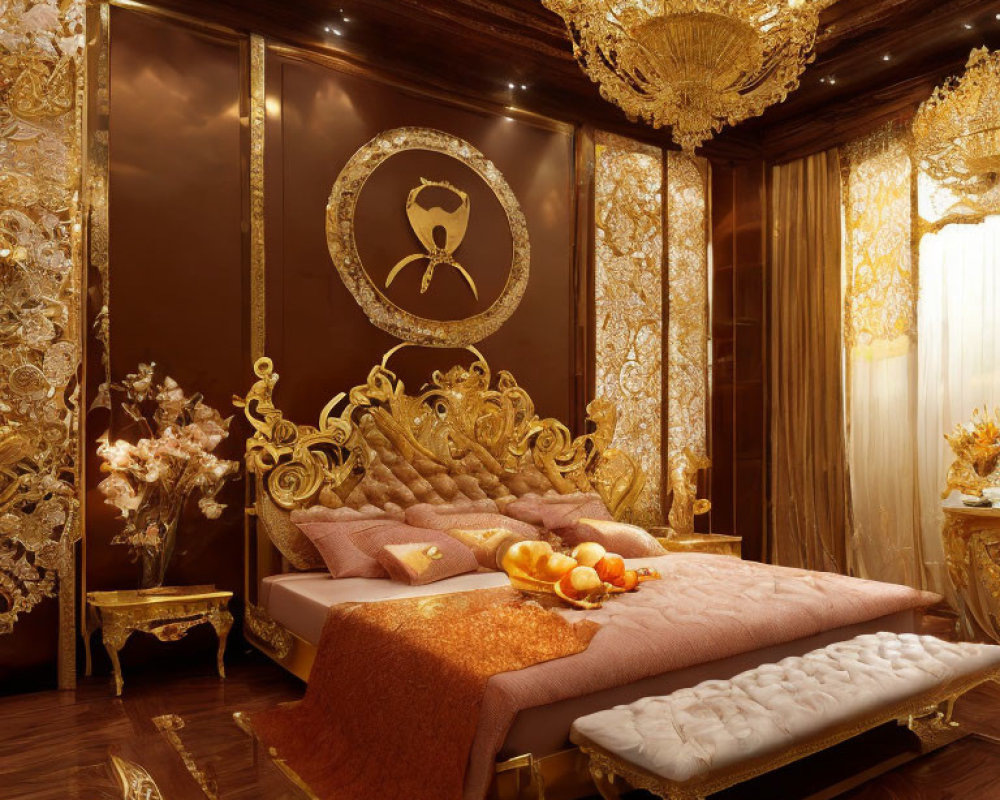 Luxurious Gold-Themed Bedroom with Ornate Bed and Chandelier