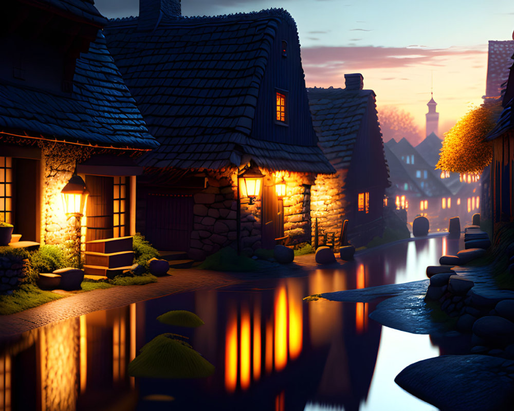 Picturesque cobblestone village at dusk with illuminated houses by a serene canal under twilight sky