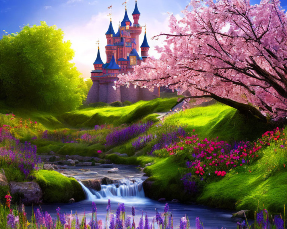 Colorful fairytale castle in lush landscape with cherry trees and stream