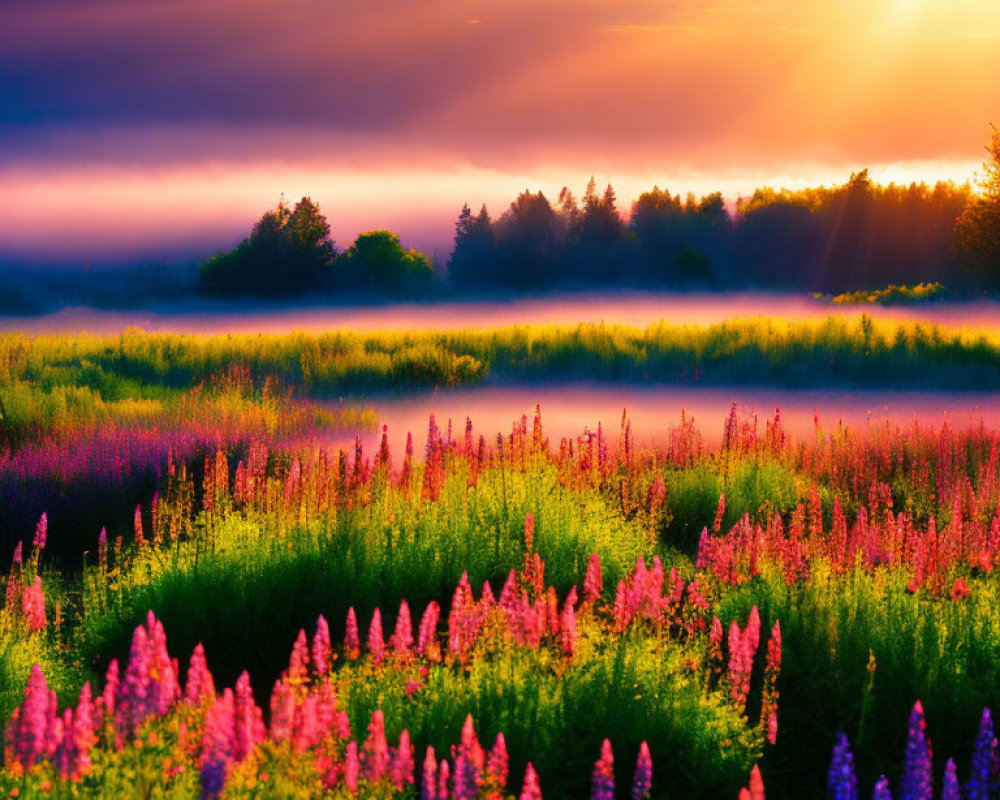 Vibrant purple lupines in misty sunrise landscape