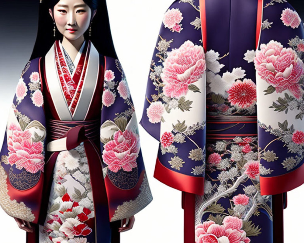 Traditional Japanese kimono with floral patterns on elegant fabric