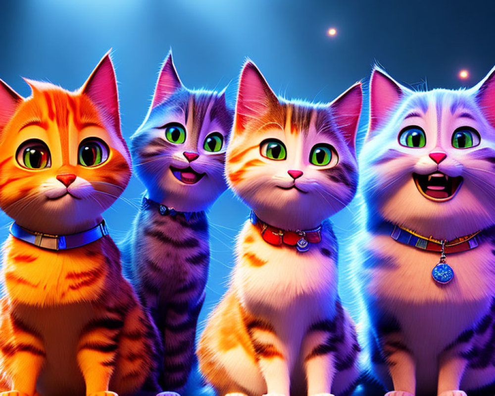 Four animated cats with big expressive eyes wearing collars, standing in awe under dramatic blue light.