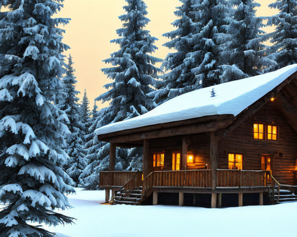 Snow-covered pine trees surround cozy illuminated wooden cabin at twilight