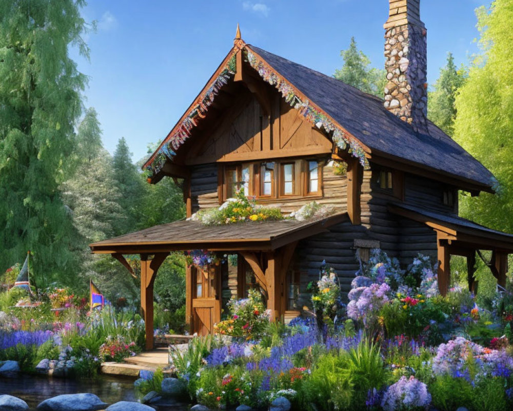 Rustic wooden cabin with stone chimney in serene garden setting