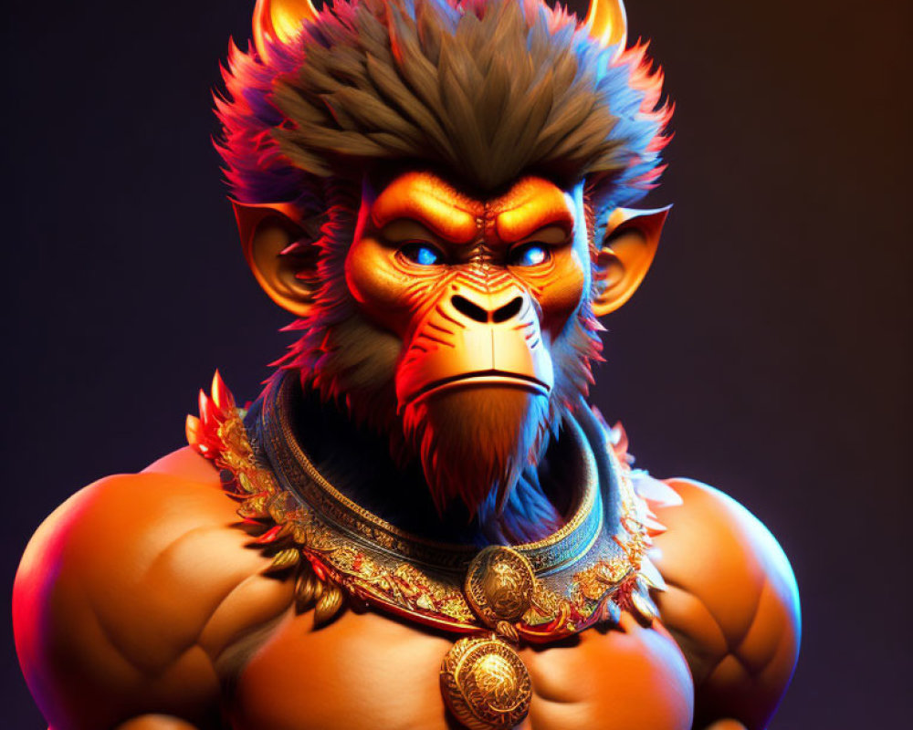 Muscular monkey with red eyes and horns in ornate collar on gradient background