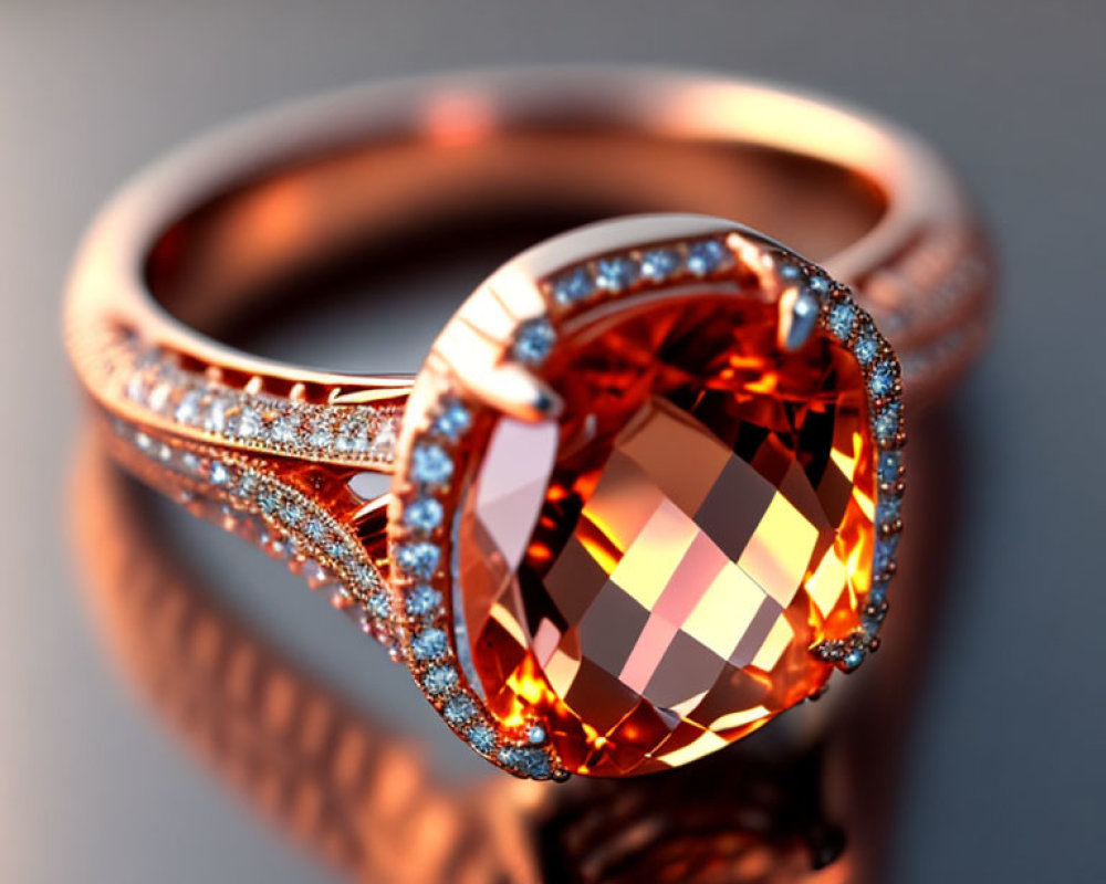 Rose Gold Ring with Amber Gemstone and Diamonds on Soft-focus Background