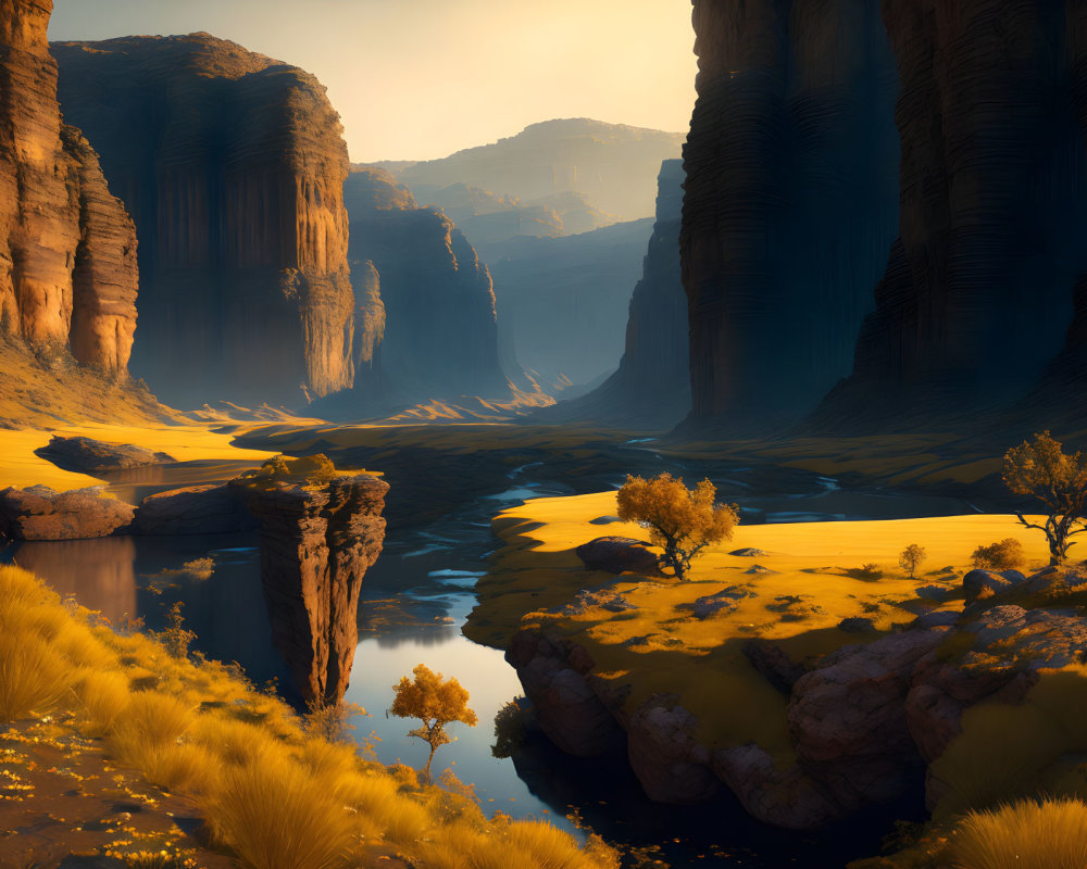 Serene canyon with towering cliffs and reflective water