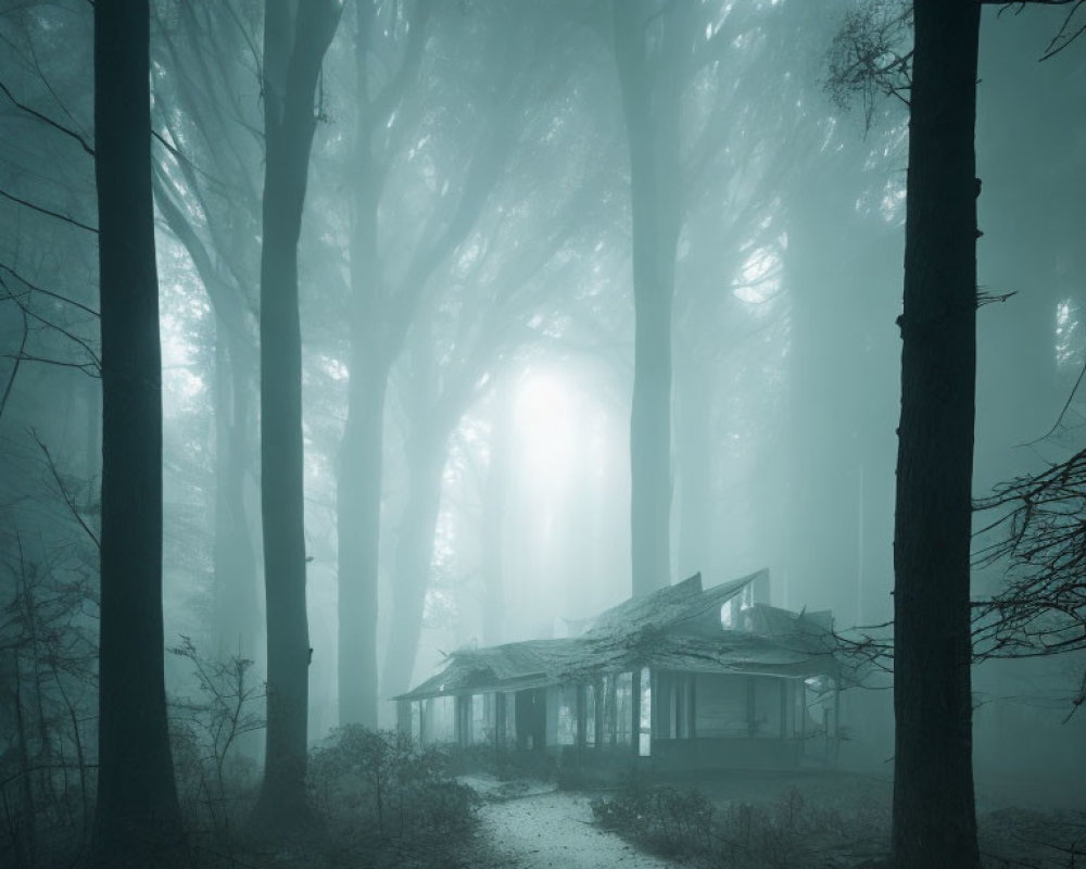 Abandoned house in foggy forest with spooky trees