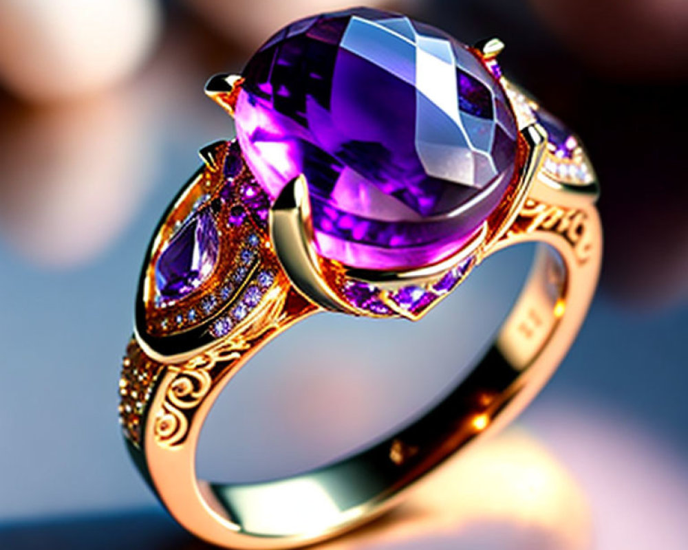 Gold ring with large purple gemstone and pink accents on decorative band