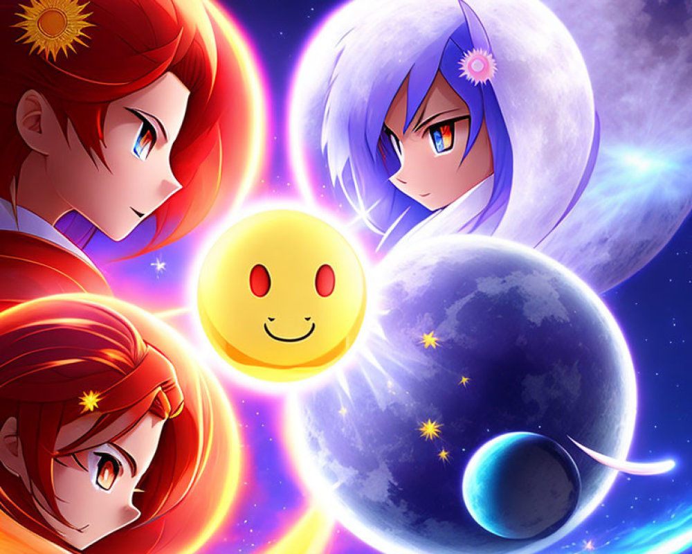 Colorful artwork: two stylized female characters with planet-themed designs and smiling sun in cosmic setting.