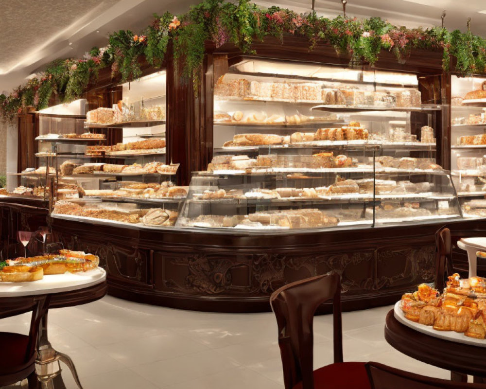 Bakery interior with glass display cases and wooden decor