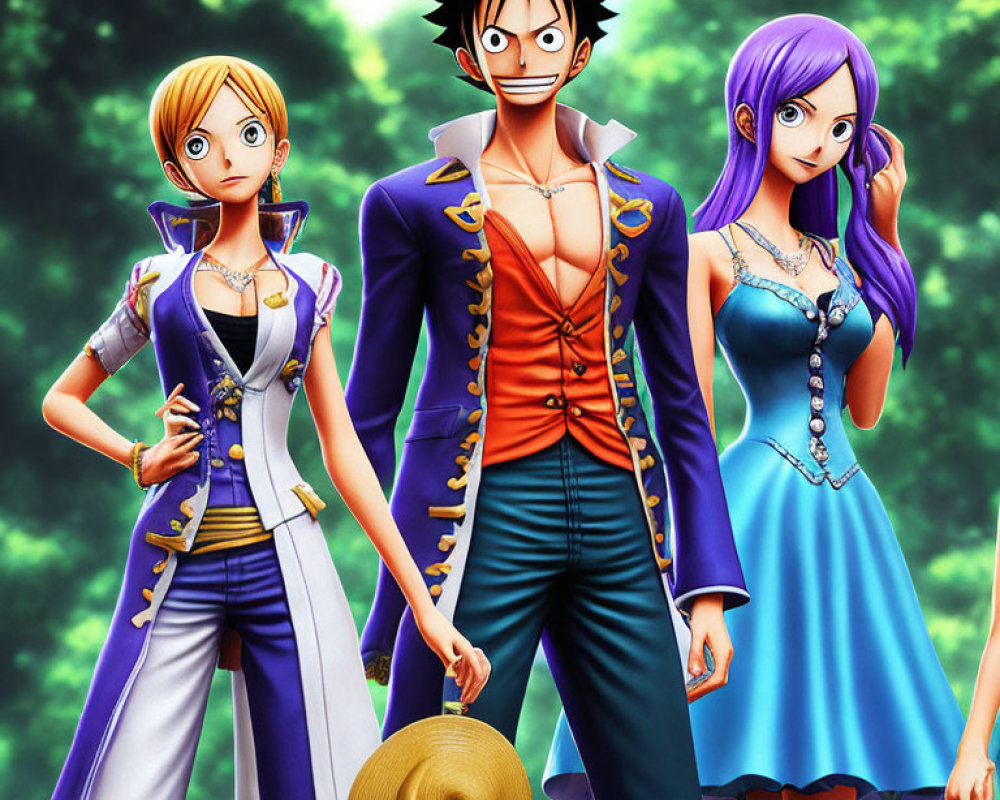 Three animated characters in forest setting: male in blue suit, flanked by two females in dresses