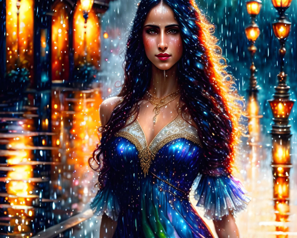 Woman with Long Flowing Hair in Multicolored Dress on Rainy Street