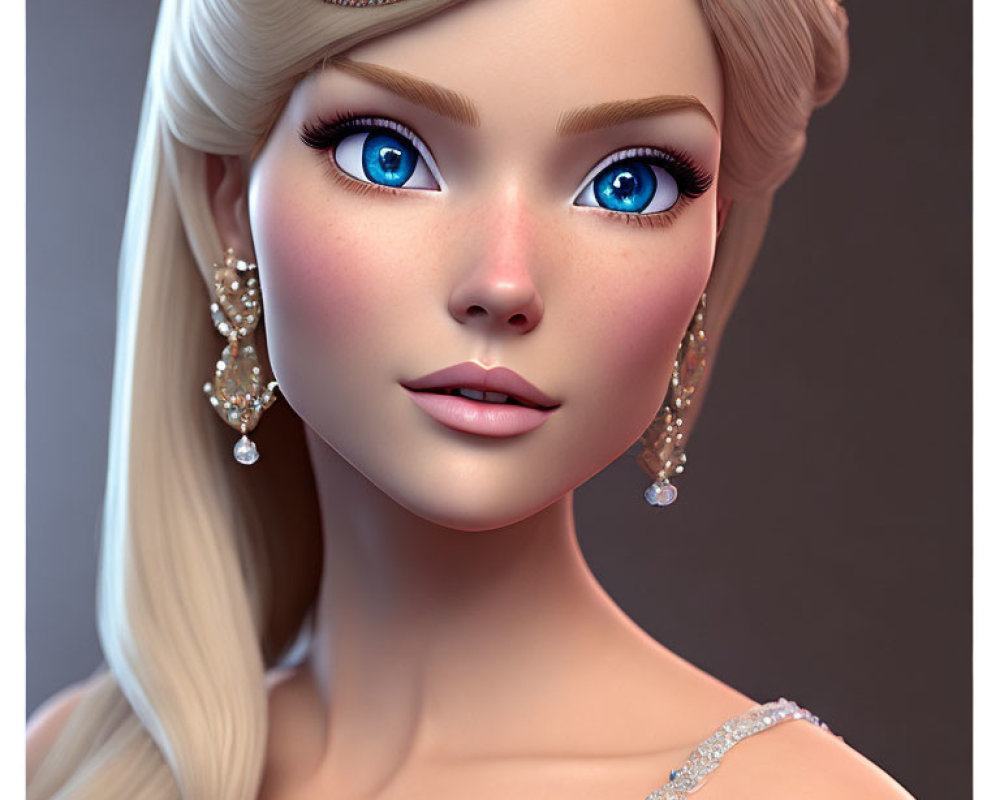 3D-rendered female character with blue eyes, blonde hair, tiara, and earrings