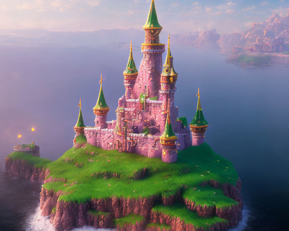 Majestic castle with spires on misty island at dawn or dusk