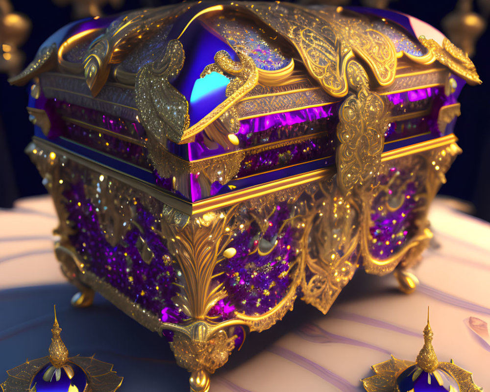 Golden treasure chest with purple jewels on blurred background