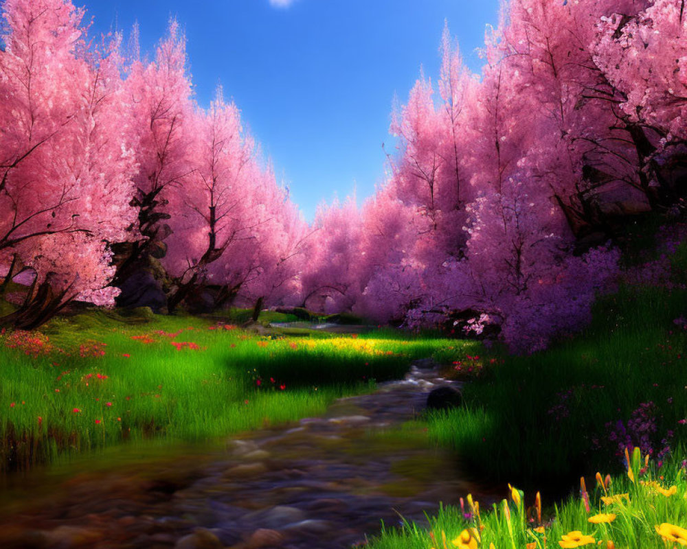 Lush cherry blossom stream under blue sky