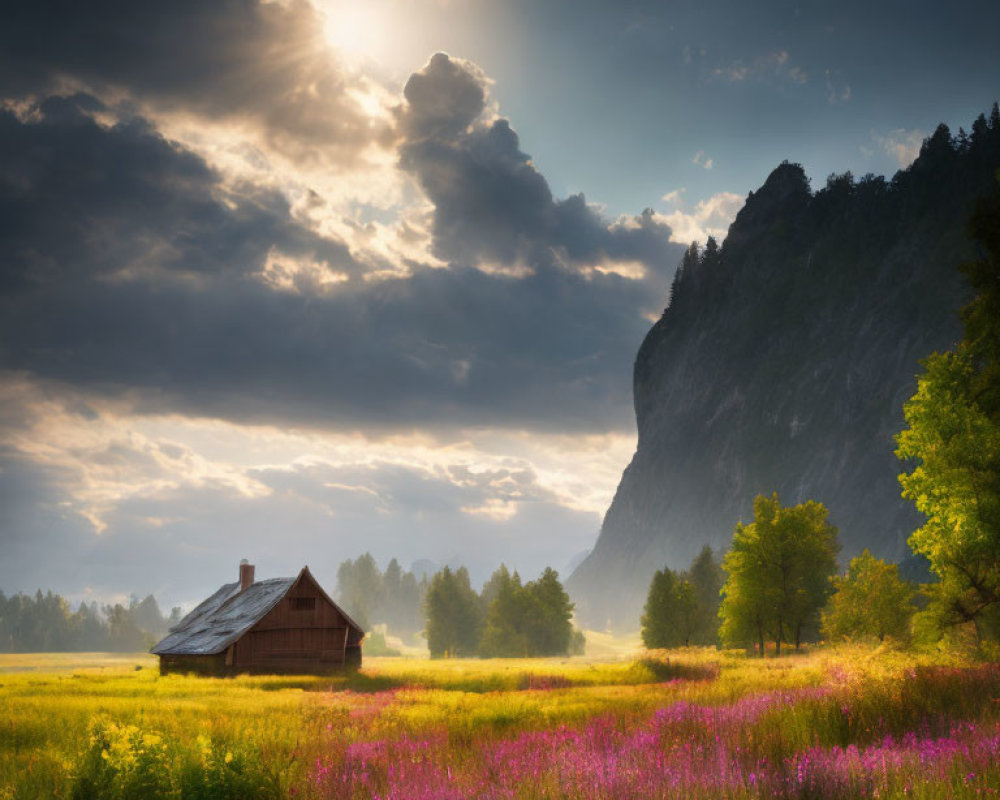 Sunlight on rustic cabin in serene meadow with wildflowers