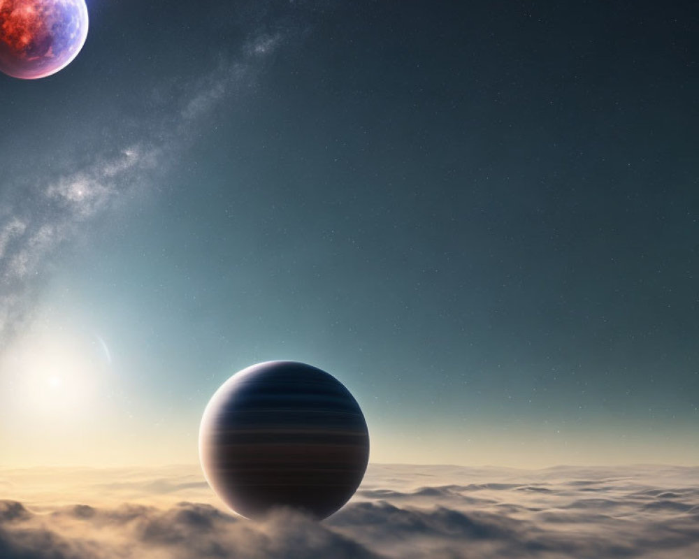 Gas giant planet dominates serene space scene with red planet and stars.