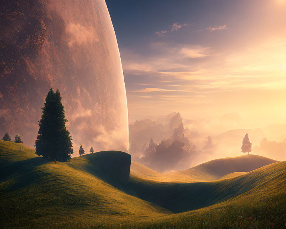 Surreal landscape with rolling hills, giant planet, and smaller moon