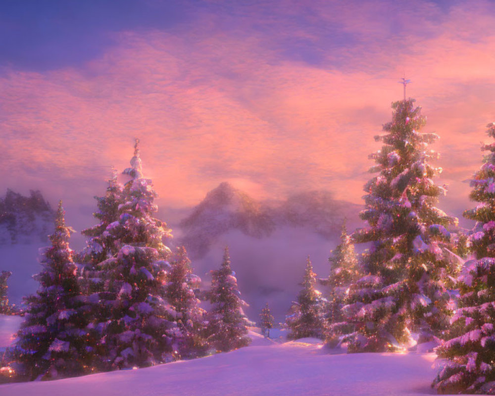 Snow-covered fir trees in serene winter scene at sunrise or sunset