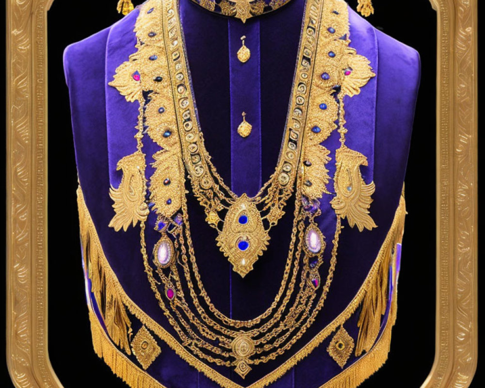 Gold Jewelry Set with Purple Gemstone Accents on Velvet Bust