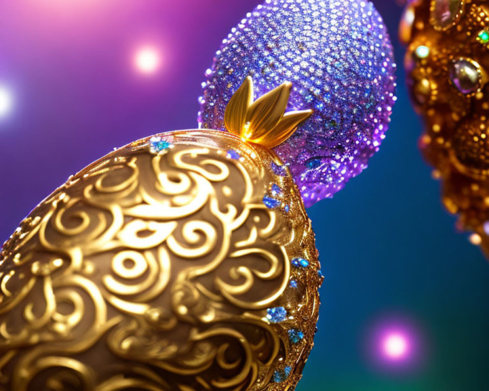 Detailed Glittering Easter Eggs on Colorful Bokeh Background