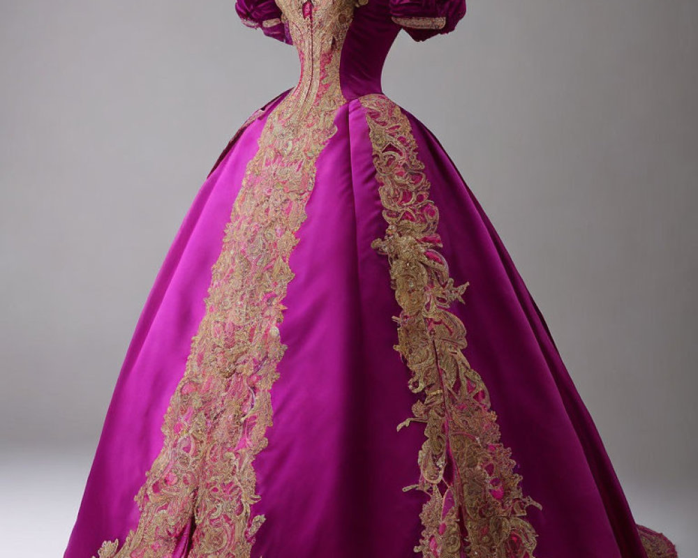 Purple historical dress with gold lace detailing on bodice and skirt