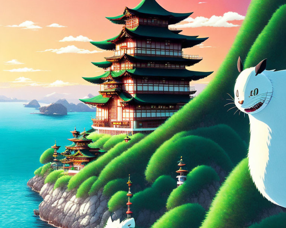 Vibrant pagoda-style building with cat creature and boats on green cliff