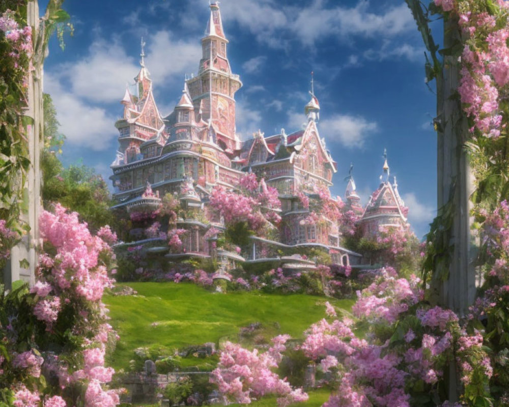 Fairy-tale castle in lush garden with pink blooming trees