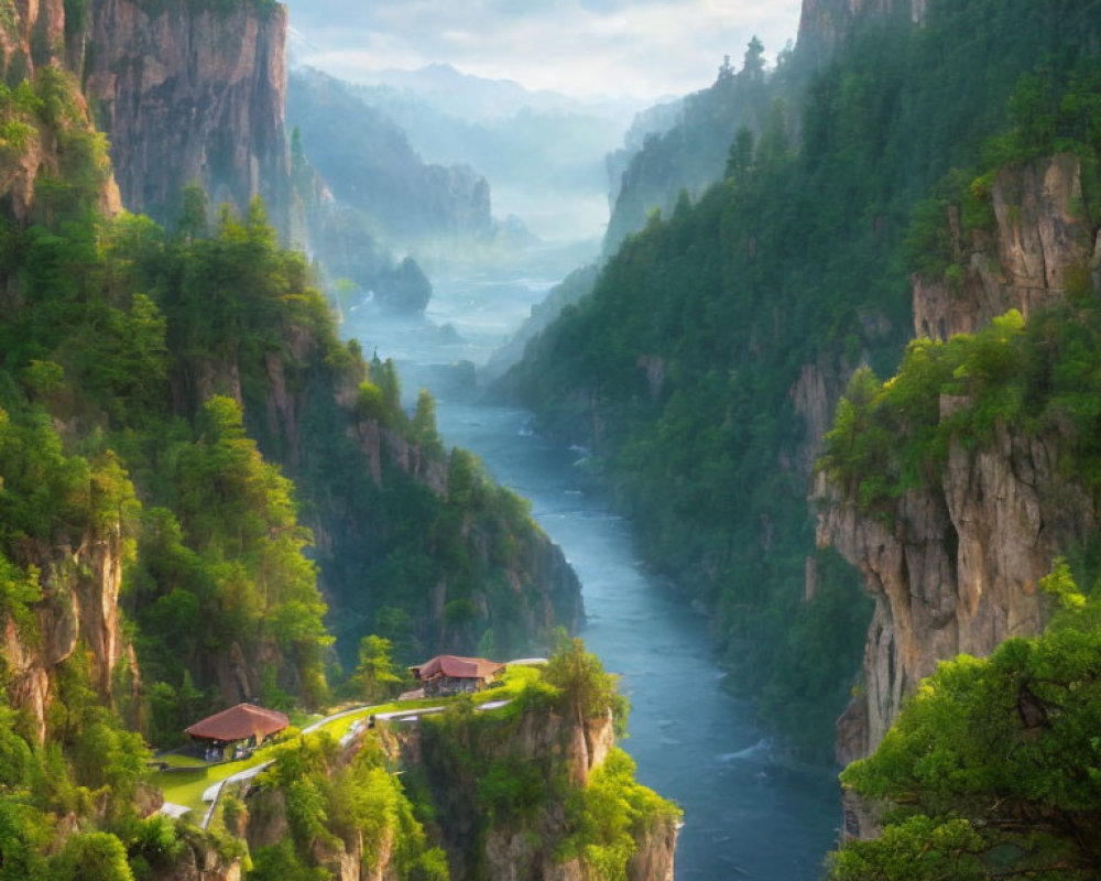 Majestic green canyon with river, pathway, and buildings nestled among lush trees