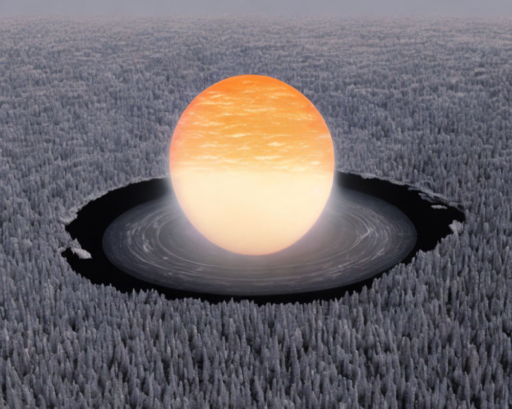 Surreal image of large sun in void over frost-covered coniferous forest