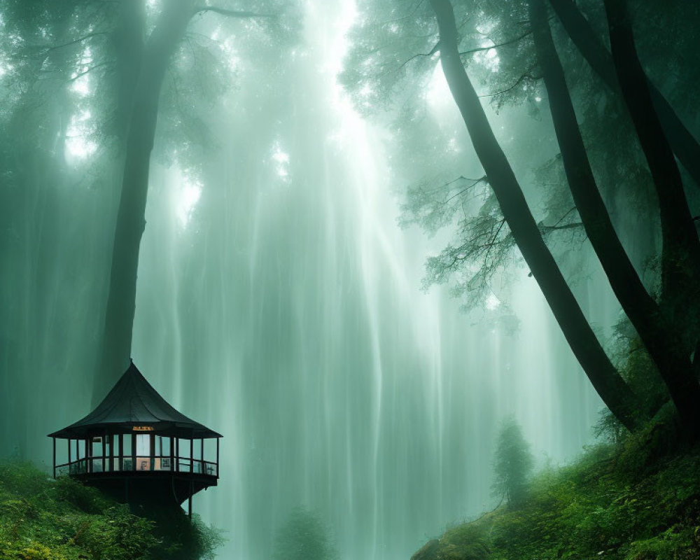 Sunlit Gazebo in Enchanted Forest with Fog and Tall Trees