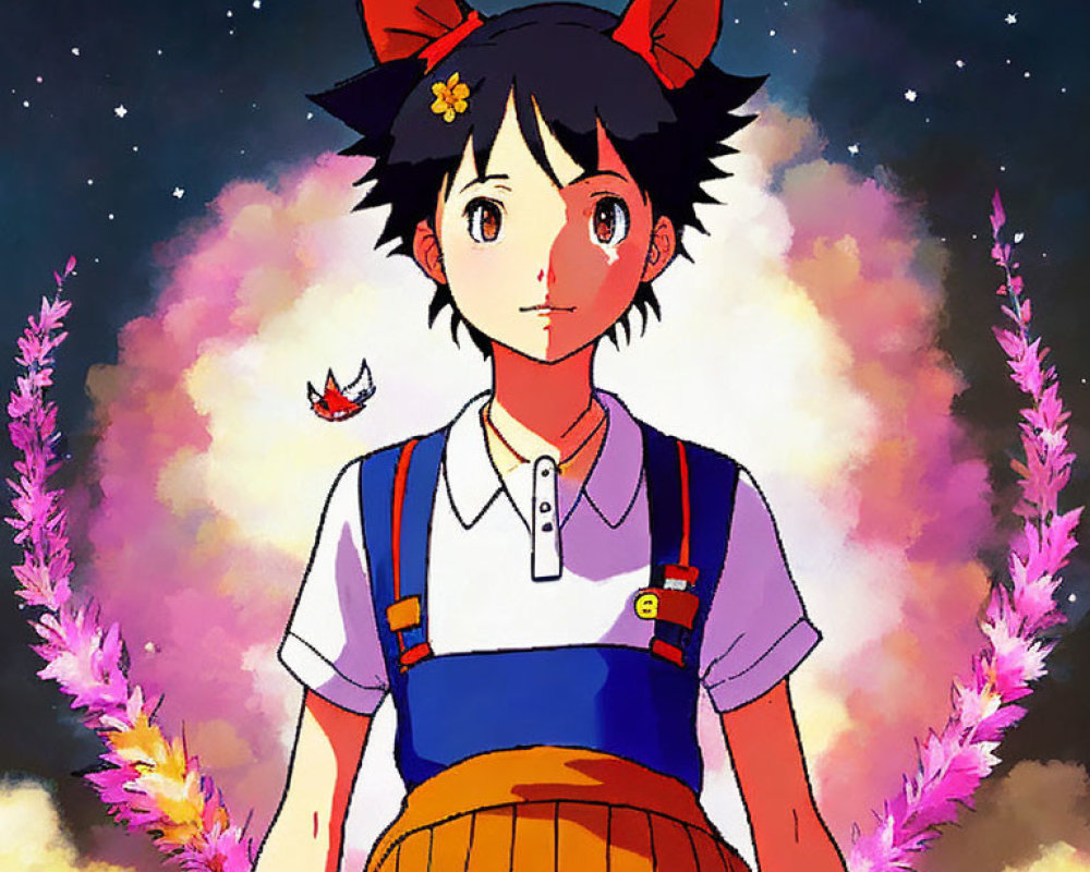 Anime-style girl with black hair, red cat ears, and blue overalls under starry night sky