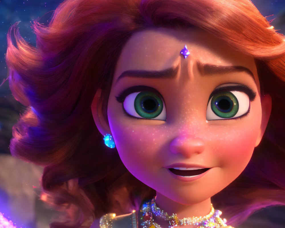 Detailed close-up of animated female character with green eyes, red hair, sparkling tiara, and glowing