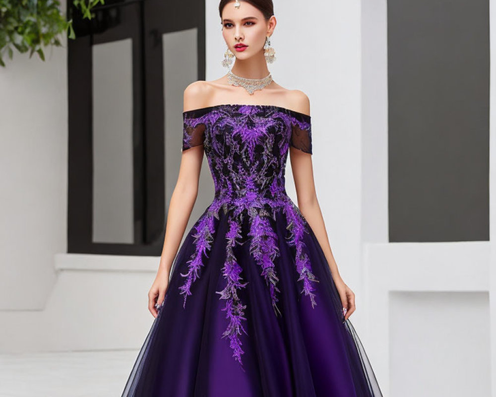 Elegant Woman in Purple Ball Gown with Lavender Embroidery