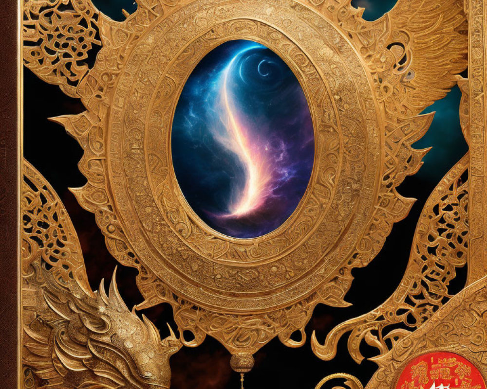 Intricate Thai-style golden frame with cosmic scene